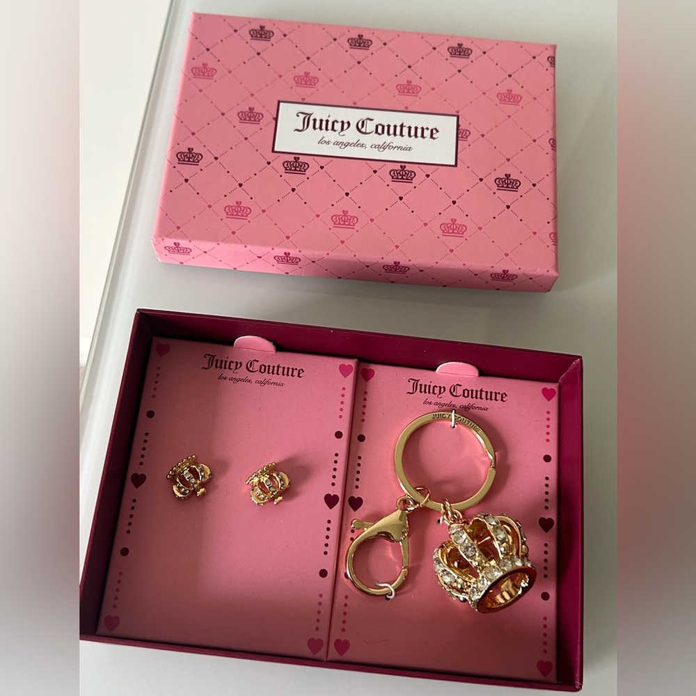 Gold Crown Keychain and stud Earrings Set